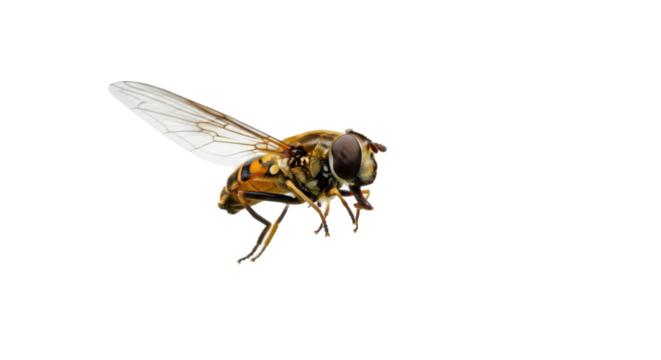 A close up shot of a hoverfly with transparent wings on a black background showing intricate details