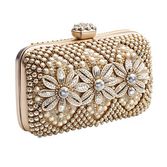 A luxurious gold clutch purse embellished with pearls and sparkling floral crystals isolated on transparent background