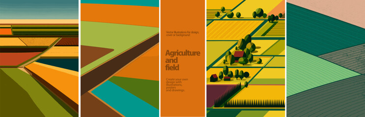 Modern vector illustrations of agricultural fields. Flat, geometric aerial views of farmlands perfect for infographics, eco-themed posters, rural branding, and editorial design.

