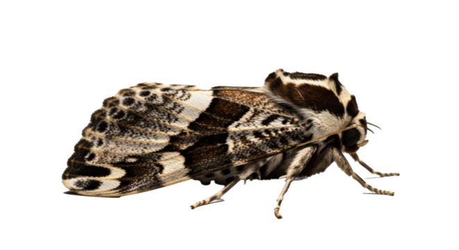 Close up of a moth with brown and white patterned wings resting on a black surface in sharp focus