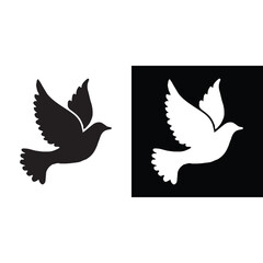 A set of two minimalist dove or pigeon bird silhouettes in flight, presented in contrasting styles: one solid black on a white background, and the other solid white on a black background