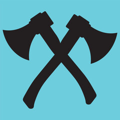 Two overlapping black axe silhouettes with wooden handles on a light teal background. Represents forestry, lumberjacking, or historical woodcraft