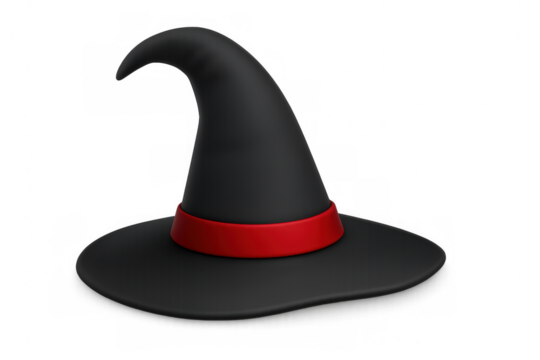 Black witch hat with red ribbon floating on transparent background, perfect for halloween projects