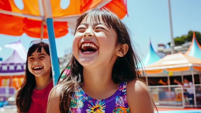 Happy children enjoying a vibrant summer day at an amusement park.