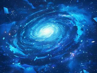 Fantasy Cosmic Vortex with Nebula Glow and Starlight Particles, Dark-to-Light Blue Gradient Space Background