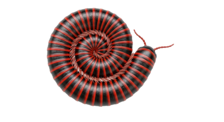A millipede curled in a spiral shape with red and black stripes against a black background isolated image