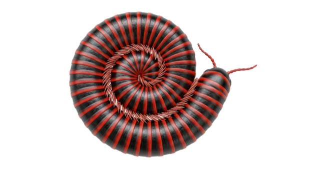 A millipede curled in a spiral shape with red and black stripes against a black background isolated image