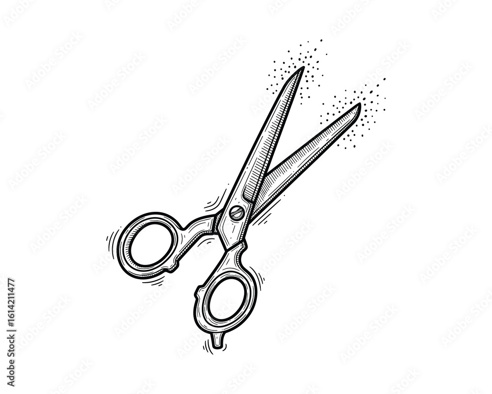 Poster engraved style sharp scissors with two open blades and sparkling effect vector illustration