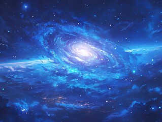 Fantasy Cosmic Vortex with Nebula Glow and Starlight Particles, Dark-to-Light Blue Gradient Space Background