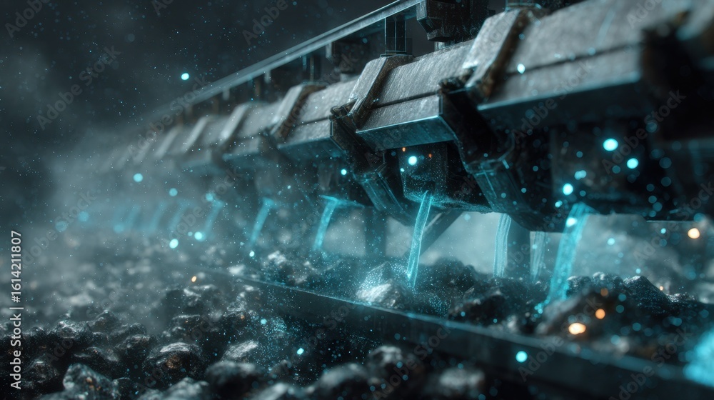 Poster futuristic industrial process featuring an automated mechanism injecting glowing co2 streams into a 