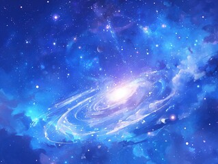 Fantasy Cosmic Vortex with Nebula Glow and Starlight Particles, Dark-to-Light Blue Gradient Space Background