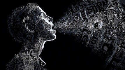 profile silhouette surrounded by pulsating sound rings, each word turning into shimmering circuits and symbols, visualizing digital speech 