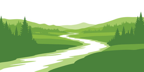 Green Landscape with River Winding through Hills and Evergreen Forest, Vector Illustration.