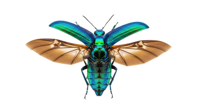 Close up shot of a jewel beetle spreading its wings against a black isolated studio background image