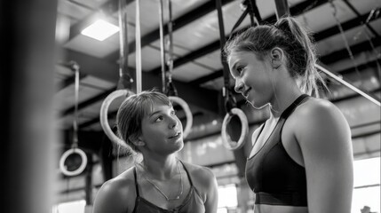 Gymnastics mentor guides athlete through complex rings exercise emphasizing controlled motion and strength while spotting to prevent injuries during practice.