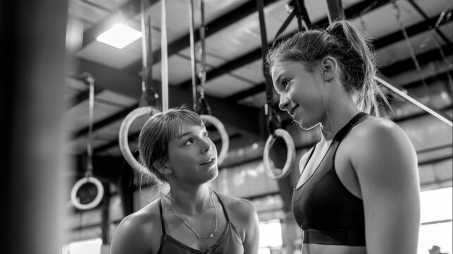 Gymnastics mentor guides athlete through complex rings exercise emphasizing controlled motion and strength while spotting to prevent injuries during practice.