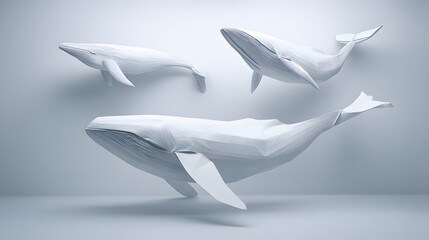 Three white origami whale figures against a light gray background.