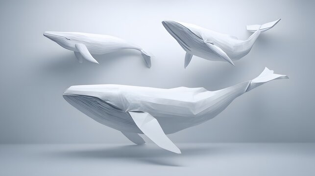 Three white origami whale figures against a light gray background.