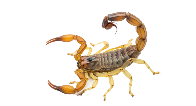 Close up shot of a brown and yellow scorpion with its tail curled up on a black background image view