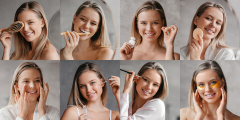 A collage of a woman engaging in various skin care activities at home. She smiles while applying...