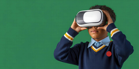Young african boy using VR headset for immersive digital learning experience green background copyspace