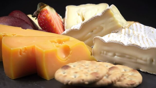 Variety of cheeses, crackers, and fruit
