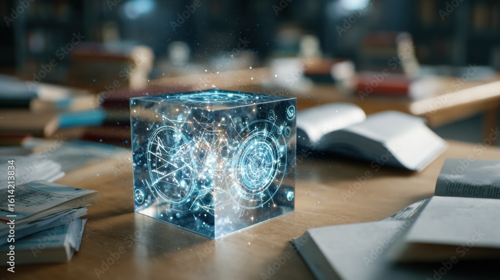 Poster medium shot showing a futuristic holographic learning cube projecting interactive diagrams sharply f