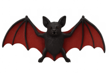 Halloween bat figurine, black plastic, red wings extended, floating against clear backdrop