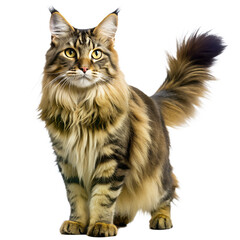 A majestic longhaired tabby cat, likely a maine coon, stands proudly on a transparent background