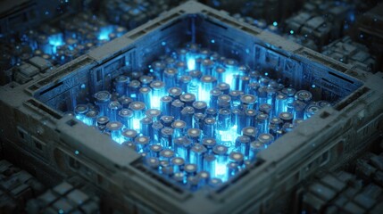 Elevated view captures densely packed radioisotope batteries within a protective shell, emitting a soft blue light from the central units, illuminating the intricate details of the structure