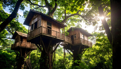 Wooden treehouses in lush forest setting