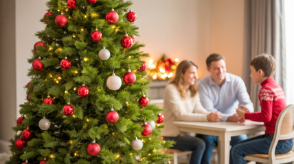 Decorated Christmas tree with red ornaments and family in background, cozy indoor holiday scene
