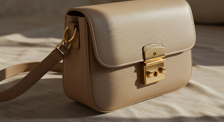 Beige leather crossbody bag with gold clasp, placed on neutral linen surface