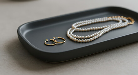 Minimalist jewelry tray with gold hoop earrings and pearl necklace
