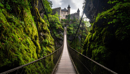 Suspension bridge over mossy gorge with castle
