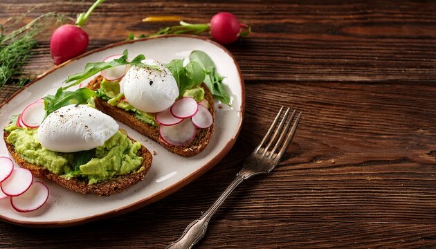 avocado toast with poached egg radish and greens on a wooden table