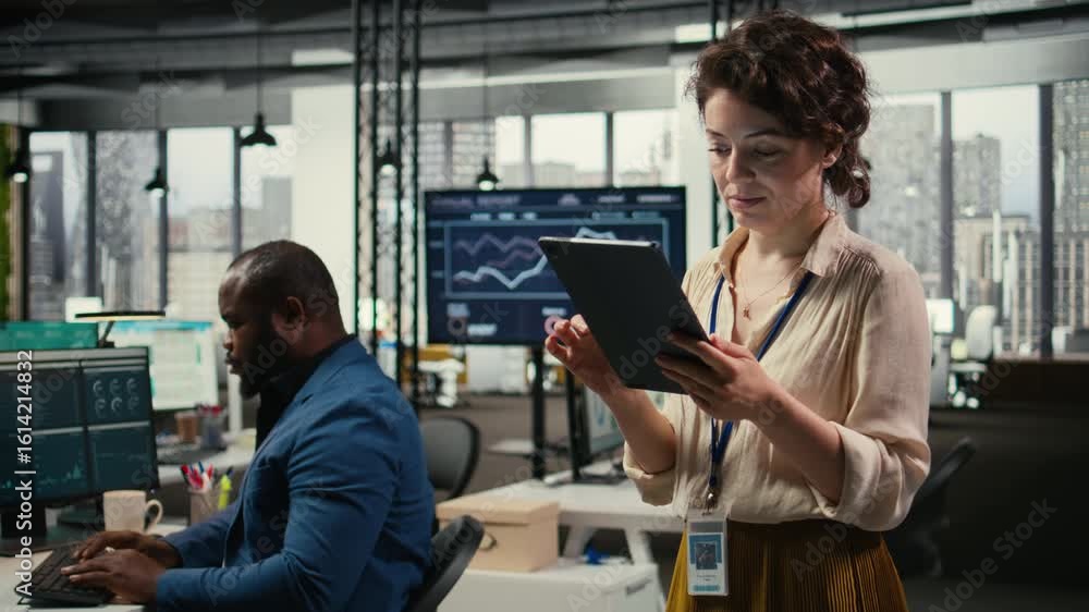 Poster female office administrator using digital tools for kpi analytics to build a new vision, review perf