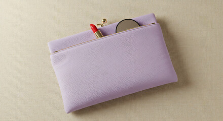 Pastel clutch bag with lipstick and compact mirror peeking out