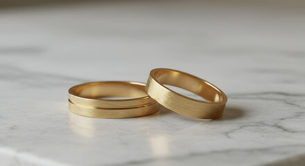 Pair of minimalist gold rings stacked on marble surface