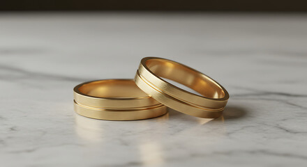 Pair of minimalist gold rings stacked on marble surface