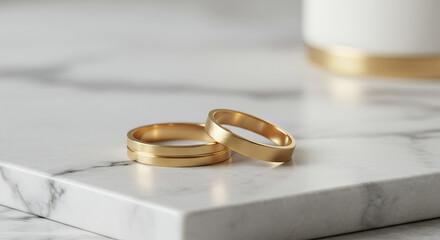 Pair of minimalist gold rings stacked on marble surface