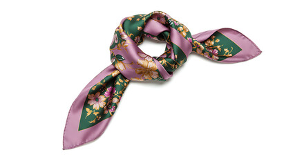 Silk scarf with floral pattern tied in a knot, isolated on white