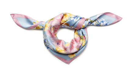 Silk scarf with floral pattern tied in a knot, isolated on white