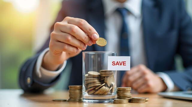 businessman holding coins putting in glass on the table with the save label. concept saving money for finance accounting
