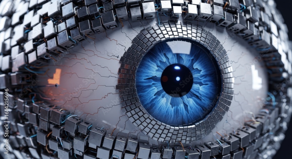 Poster highdetail 3d rendering of modular squares shaping a cybernetic eyeball