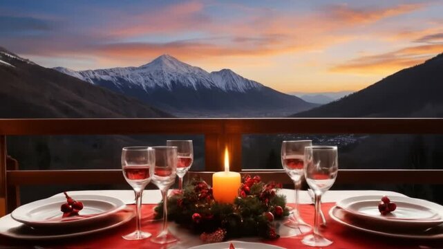 Romantic Christmas Dinner Table with Mountain View at Sunset. 4k video