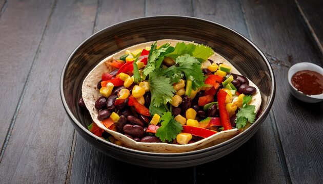 a visually appealing and healthy burrito bowl filled with fresh cilantro black beans corn red pepper avocado slices - Powered by Adobe