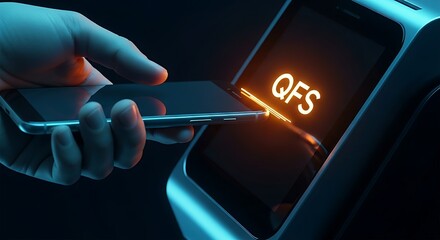 QFS point-of-sale (POS) payment. Hand using a smartphone for a contactless payment, with a QFS logo glowing on the terminal.