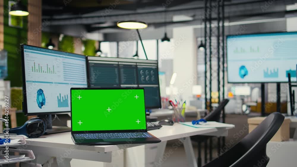 Poster empty office environment showcases modern tools of chroma key and resources essential for business p