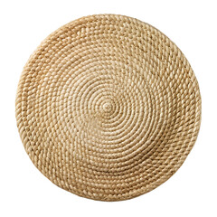 A round woven placemat with a natural straw texture, isolated on a transparent background